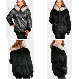 Woman's Dyed Black Sheared Mink Fur Parka Reversing to Black Leather M/L